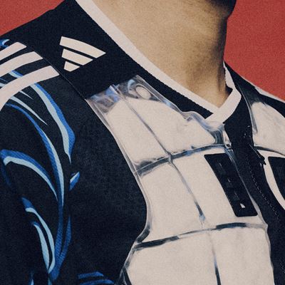 Close-up of a person wearing a black and blue Adidas sports jersey with white stripes on the shoulder and a transparent chest protector against a red background.
