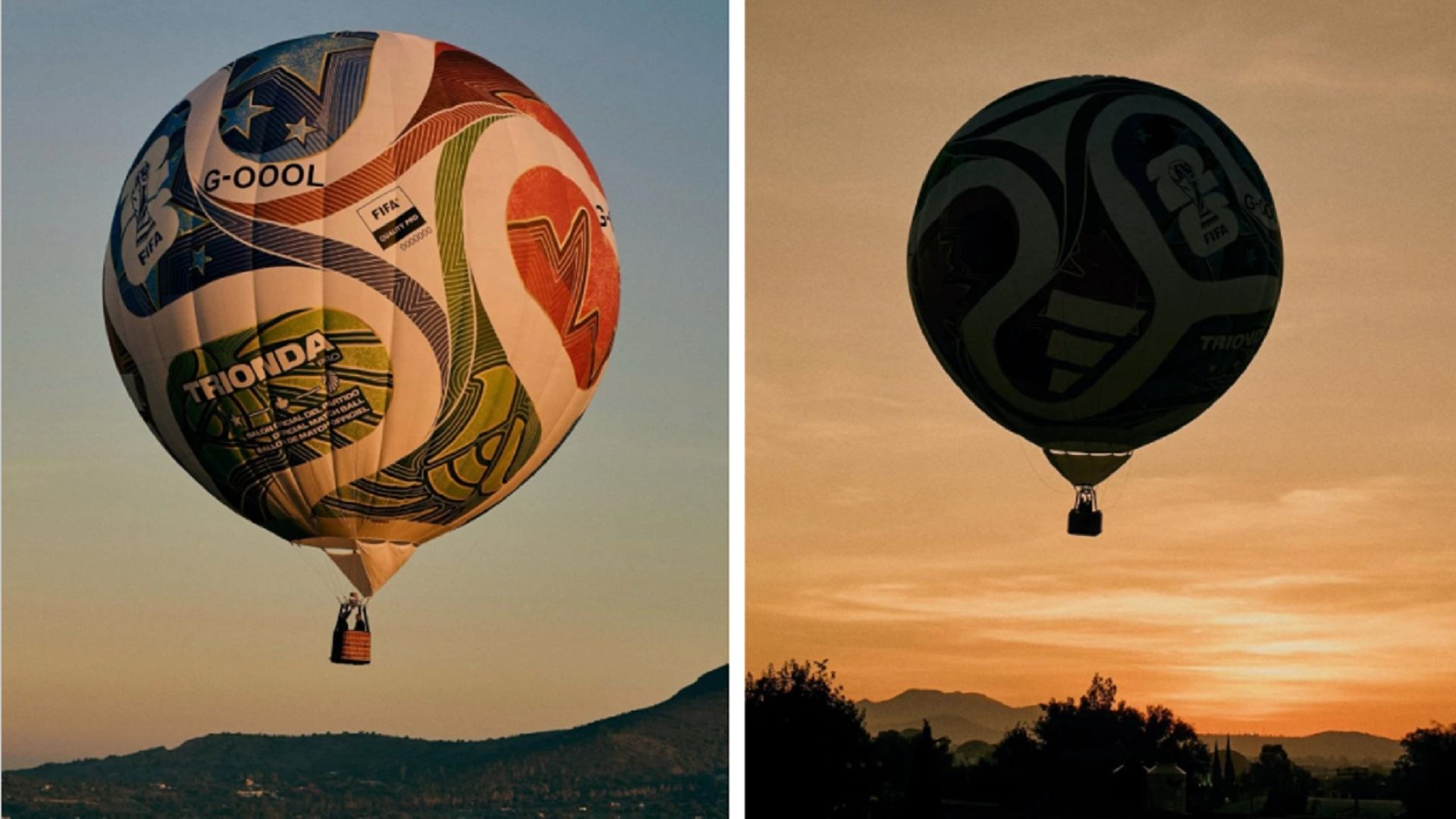 Two images of a hot air balloon designed to look like a colorful soccer ball with various patterns and logos. The left image shows the balloon in daylight against a clear sky with hills in the background, while the right image captures the balloon as a dark silhouette against a warm, orange sunset sky with trees and mountains in the distance.
